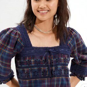 American Eagle Boho BlueRed Plaid Prairie Lace Eyelet Puff Sleeve Crop Top Sz XS